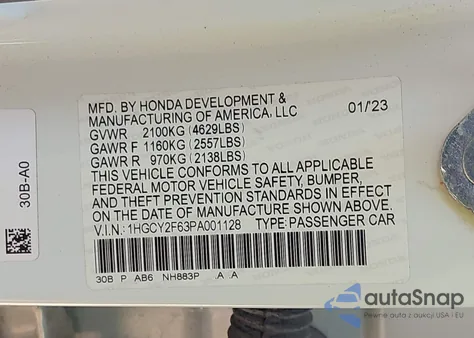 2023 Honda Accord Hybrid Ex-L z USA, uszkodzony, nr VIN 1HGCY2F63PA001128